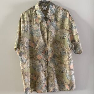 K Arnold  Olive Multi-Print Short Sleeve Button Front Blouse 100% silk